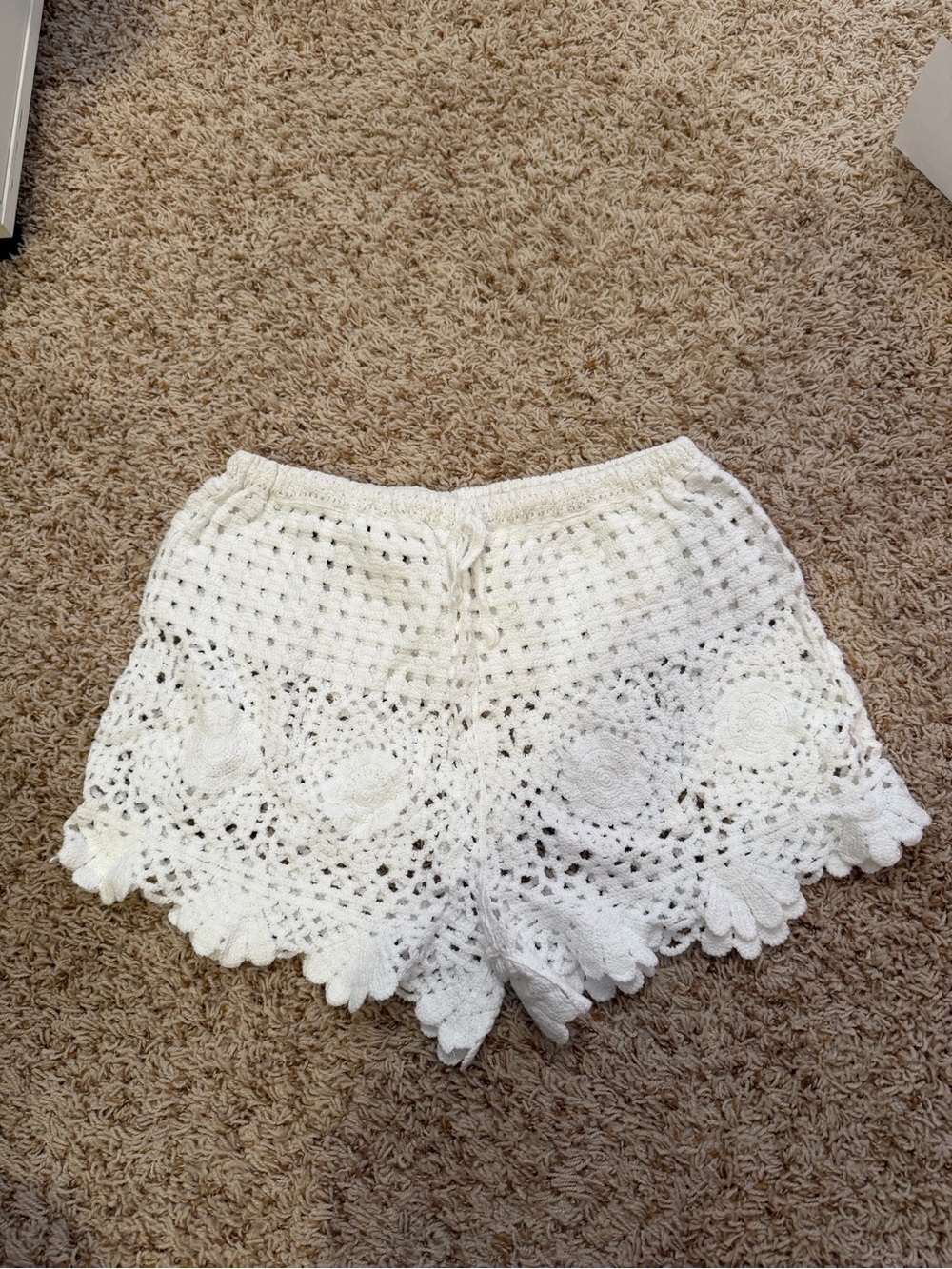 White Crochet Swim Coverup Shorts with Floral Openwork